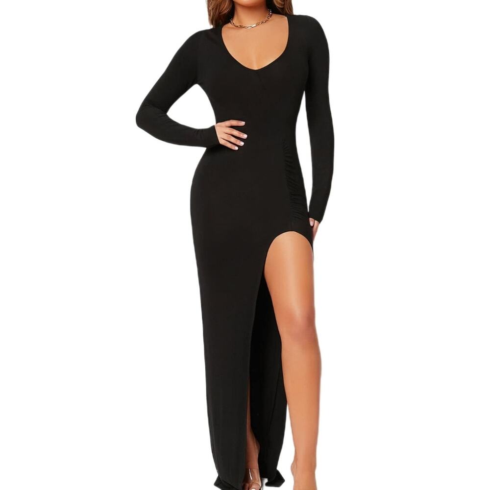 New Long Black Bodycon Dress High Side Slit‎ Long Maxi Dress Fitted Size L